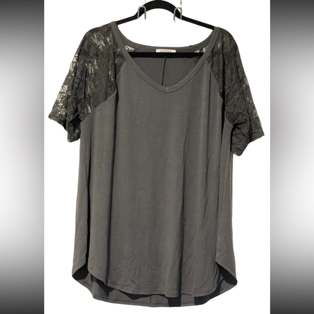 NOT FOR SALE Zenana Women’s 3X Plus Size Gray Lace Sleeve V-Neck Top
